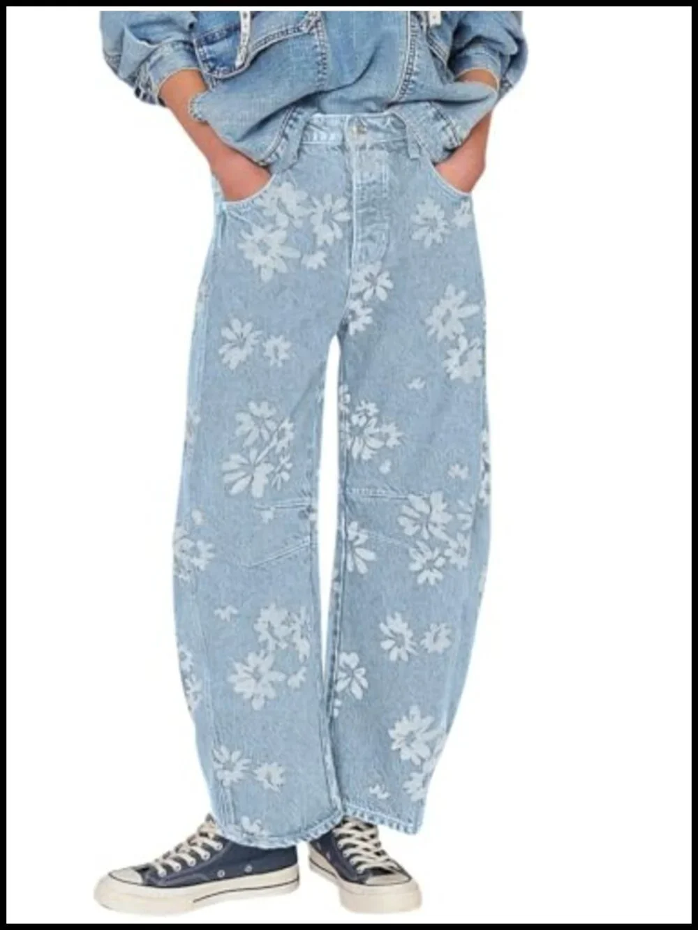 Y2k Distressed Barrel Jeans Baggy Wide Leg Floral Printed Boyfriend Patchwork